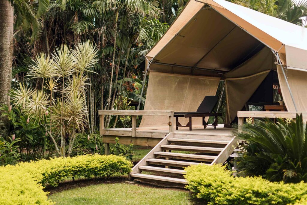 Front porch of a tent at Ikurangi Eco Retreat, Rarotonga, The Cook Islands