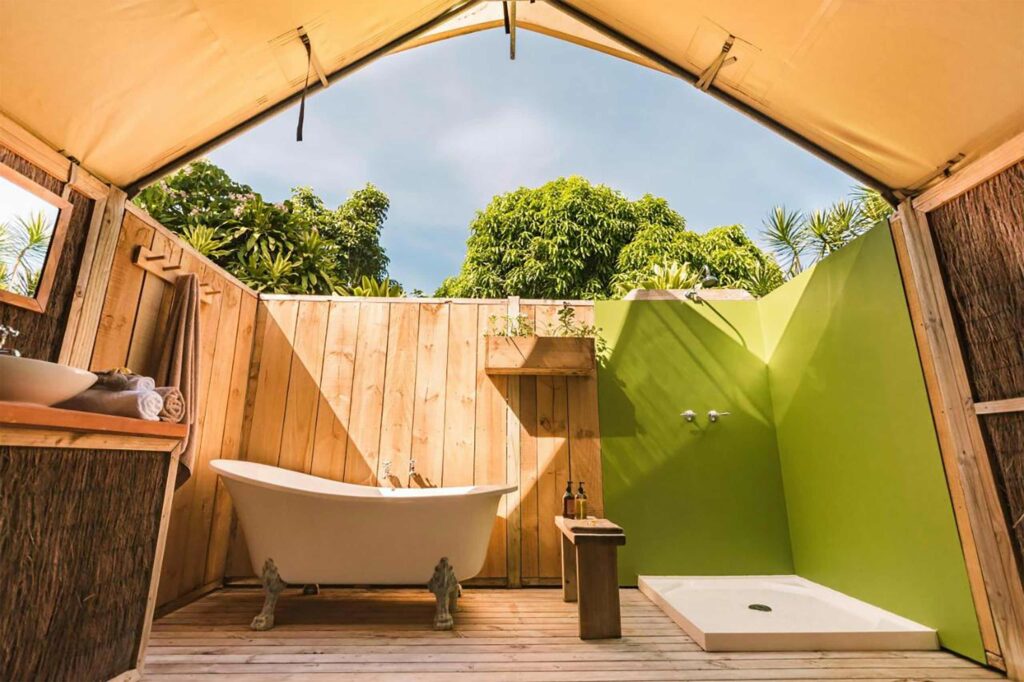 An open-air bathroom at Ikurangi Eco Retreat, Rarotonga, The Cook Islands
