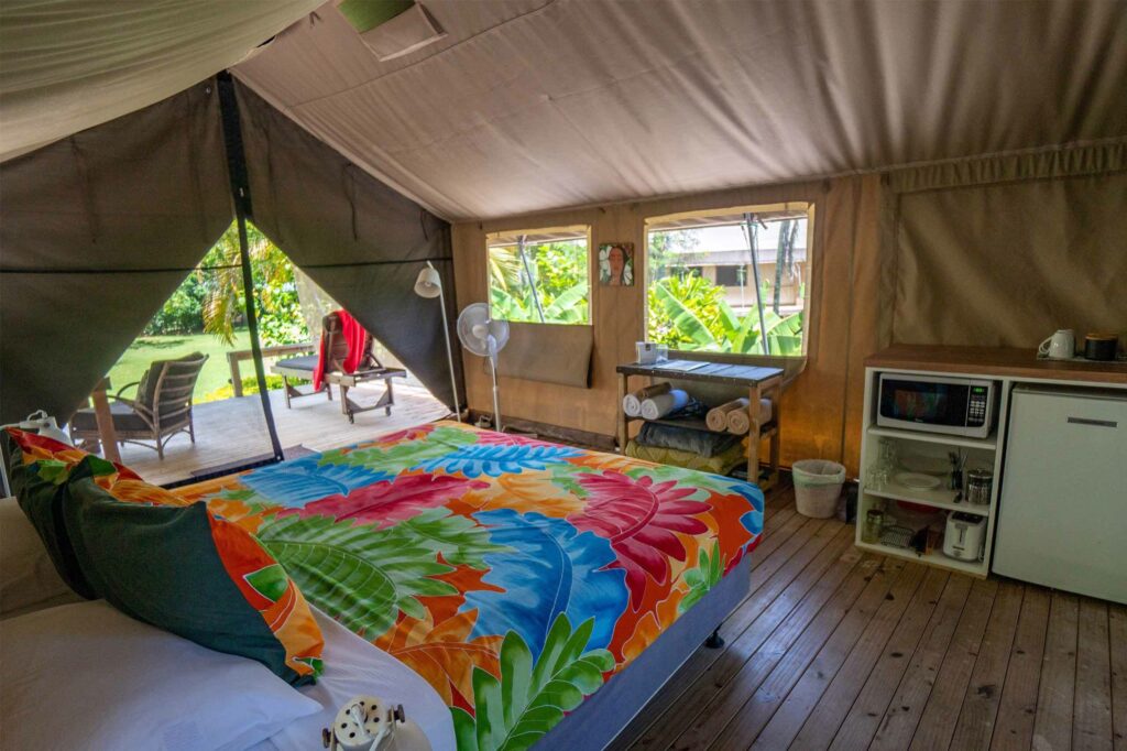 Interiors of a tent at Ikurangi Eco Retreat, Rarotonga, The Cook Islands