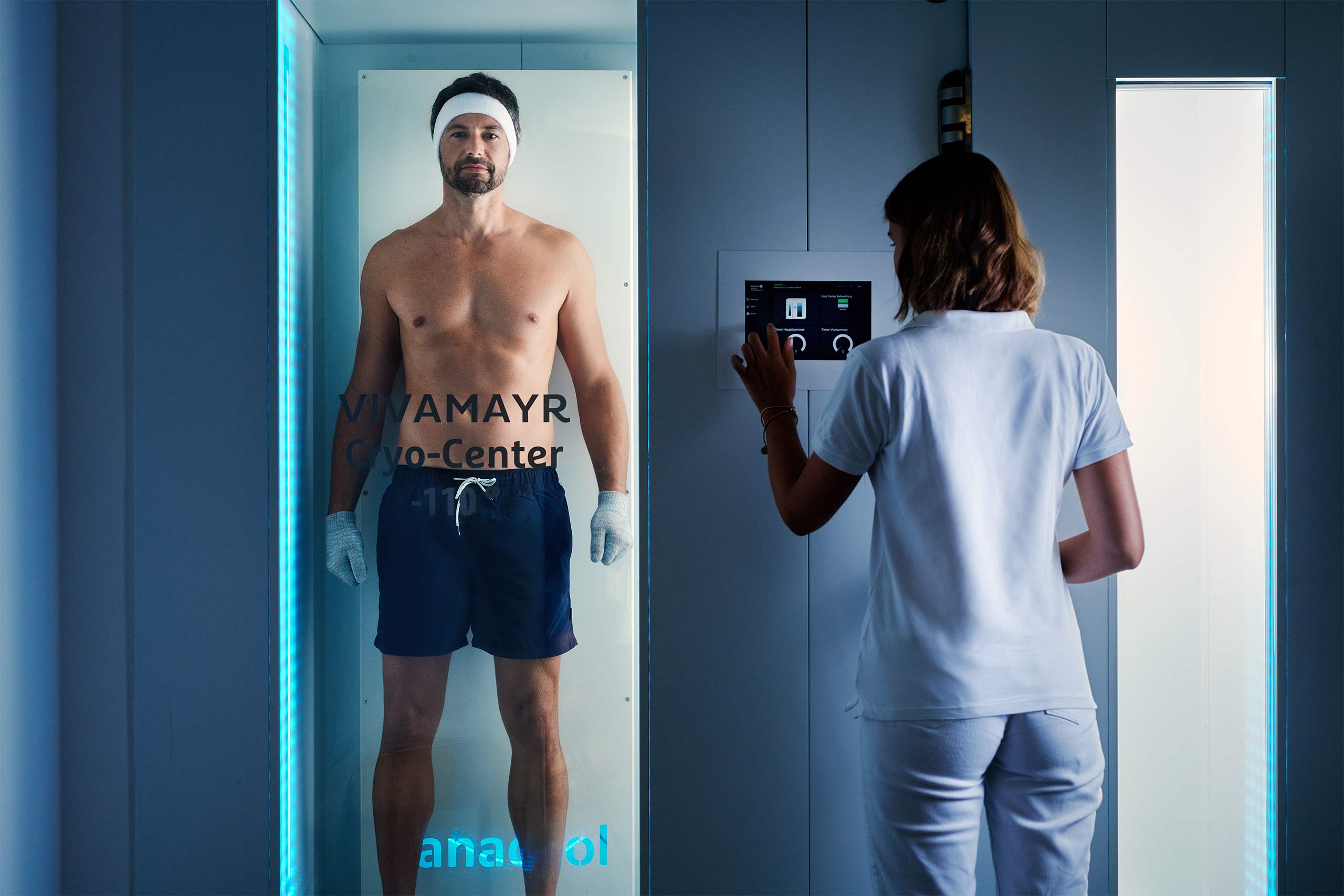 A guest uses a cryo-therapy chamber at VIVAMAYR Maria Wörth, Lake Wörthersee, Austria
