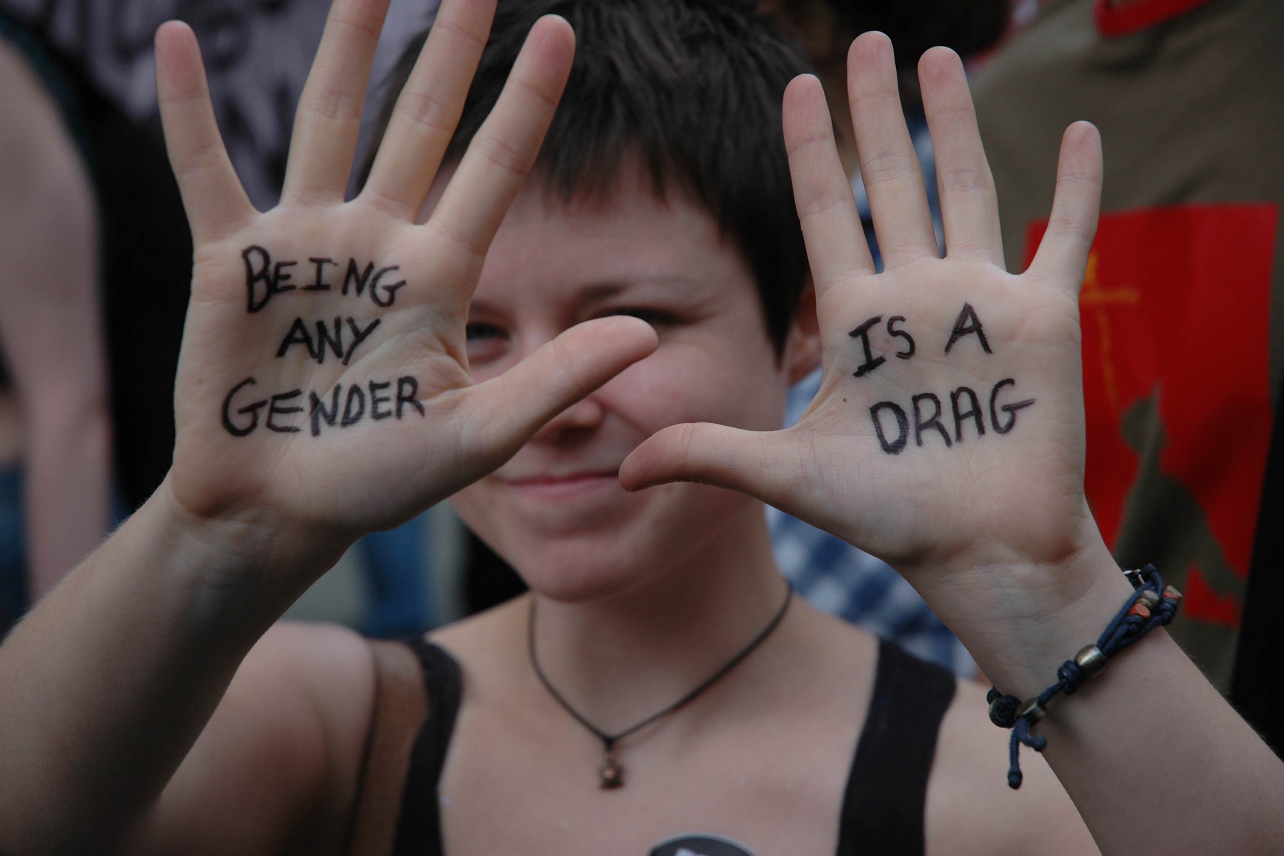 Trans and gender non-conforming marcher at Pride in Londo