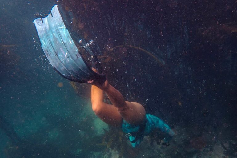 A diver helps with a beach clean-up organised by The Beach Co-op, Cape Town, South Africa