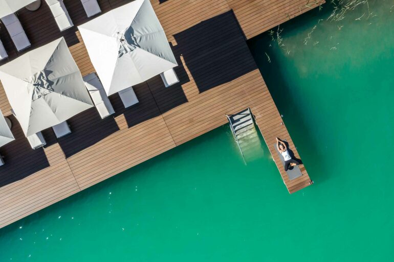 Aerial view of the lakeside pier at The Original FX Mayr, Lake Wörthersee, Austria