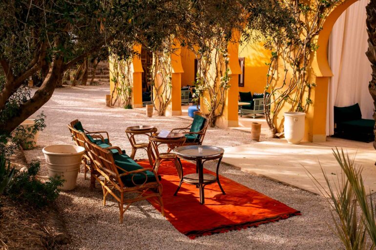 Outdoor seating at Jnane Tamsna during a writing retreat by Silk Road Slippers, Marrakech, Morocco