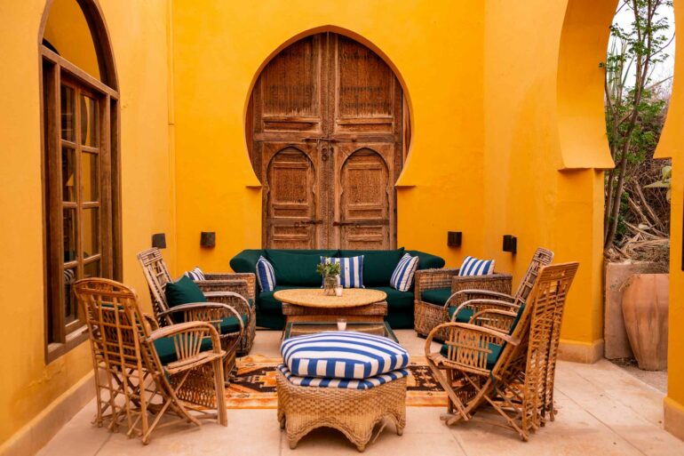 A seating arrangement at Jnane Tamsna, captured during a writing retreat by Silk Road Slippers, Marrakech, Morocco