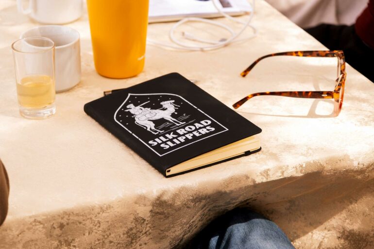 Silk Road Slippers notebook during a writing retreat in Marrakech, Morocco