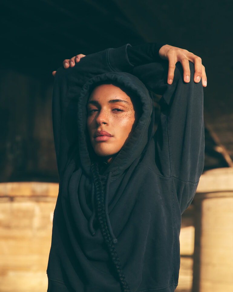 Koko Barno sporting workout clothes on the streets of Paris, France