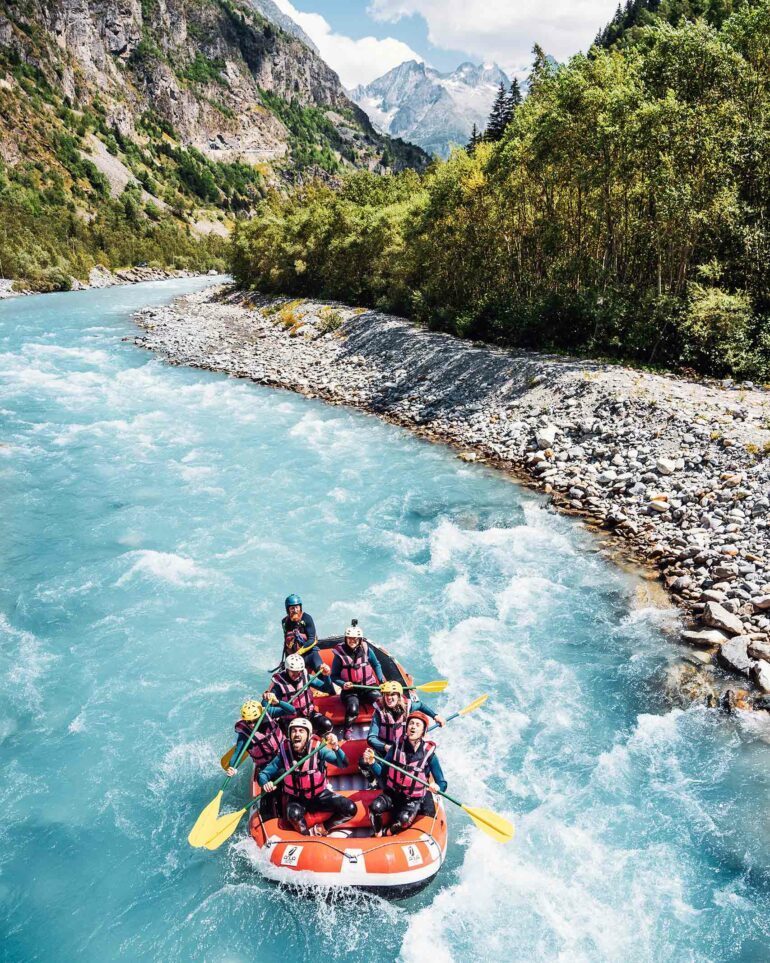 White-water rafting in a stream in Les Deux Alpes, France