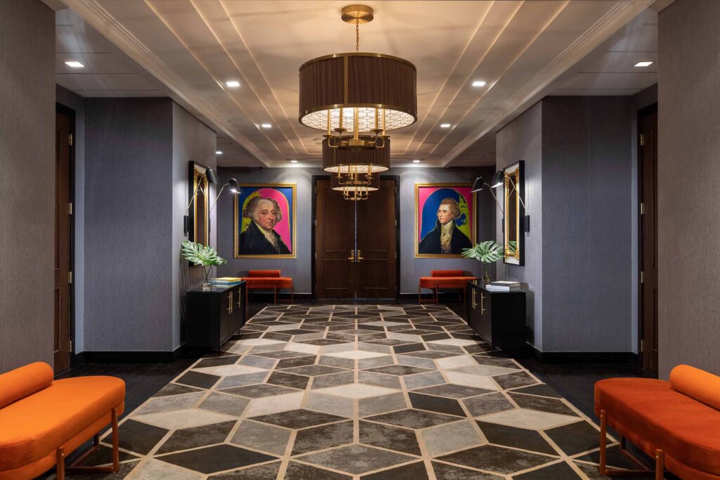 Hallway decked with artworks at the Kimpton Hotel Palomar Philadelphia, Philadelphia, Pennsylvania, USA