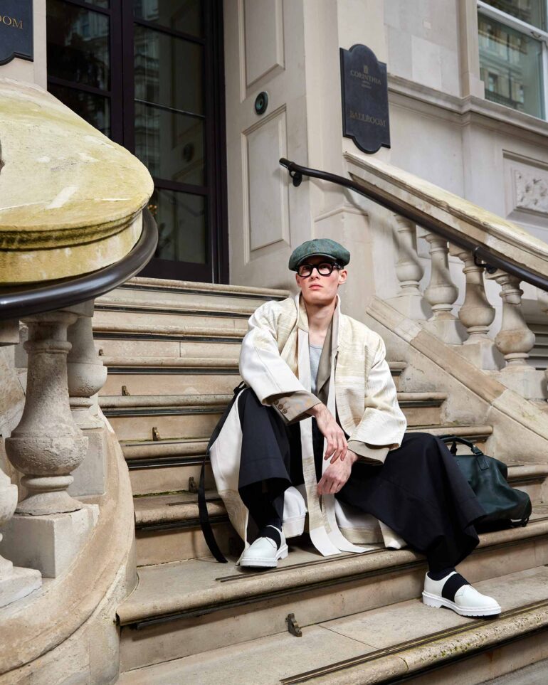 Jill Leflour on the steps outside The Corinthia Hotel in London, United Kingdom