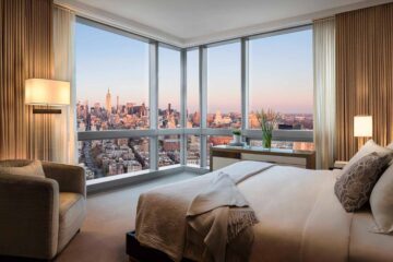 Penthouse bedroom with a view of the Empire State Building at The Dominick