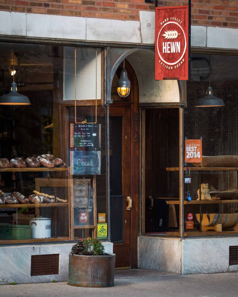 The shopfront of Hewn Bread, Evanston, Illinois, USA