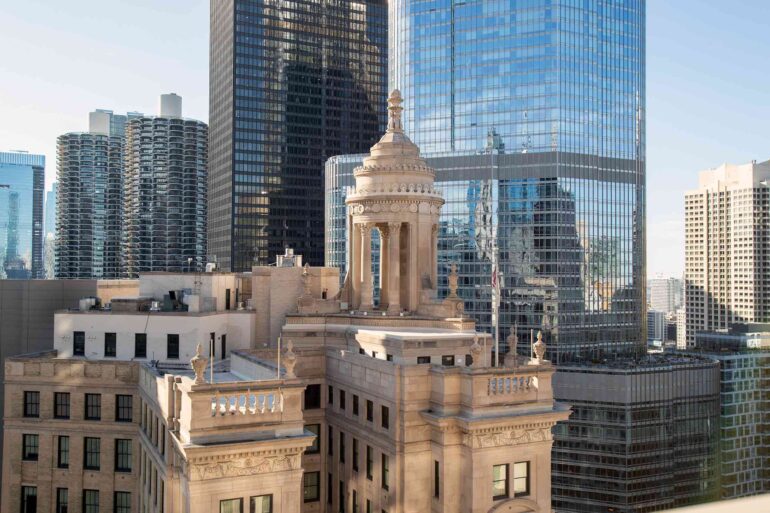 Historical buildings meet modern skyscrapers in Chicago, Illinois, USA