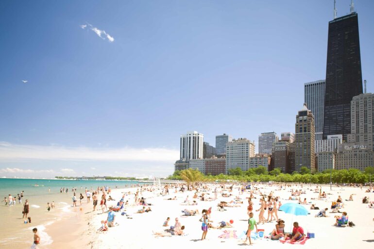 Beachgoers on the beach in Chicago, Illinois, USA