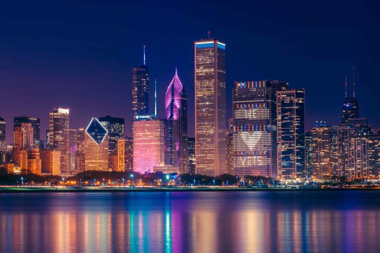 Nighttime view of the skyline of Chicago, Illinois, USA