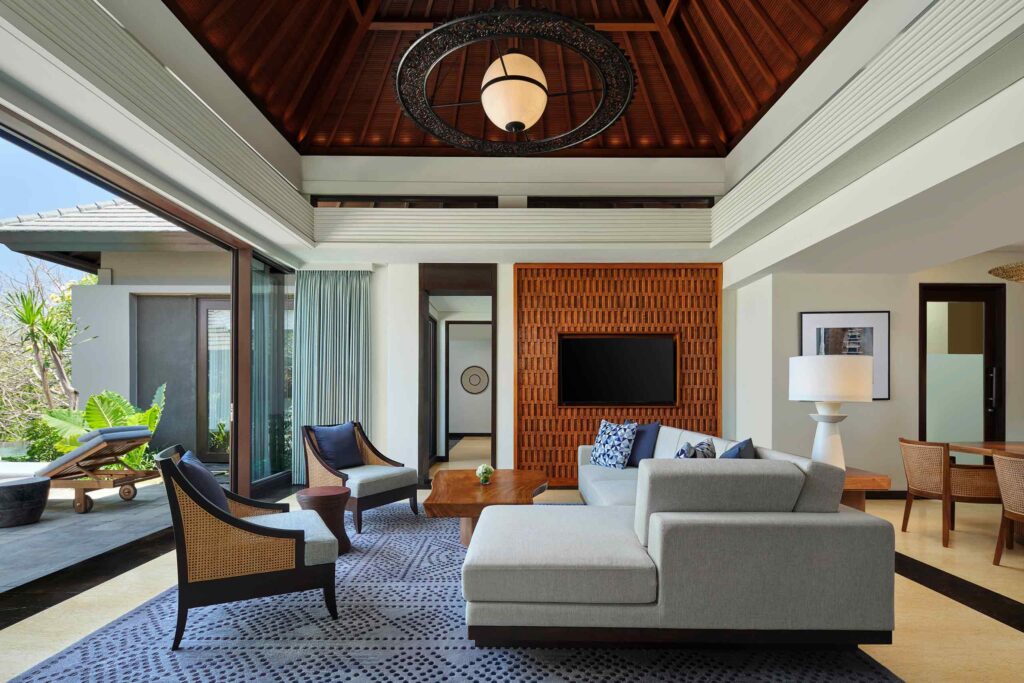 Living room of a private villa at Umana Bali, LXR Hotels & Resorts, Uluwatu, Bali, Indonesia