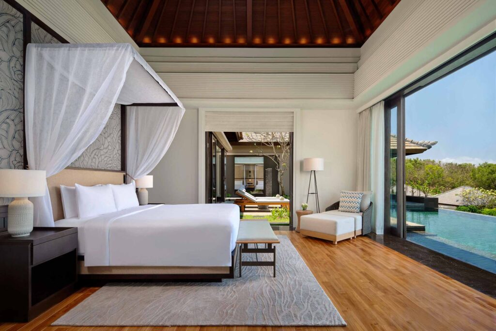 Bedroom of a private villa at Umana Bali, LXR Hotels & Resorts, Uluwatu, Bali, Indonesia