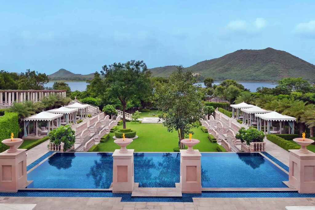 View over the pool at Raffles Udaipur, Udaipur, India