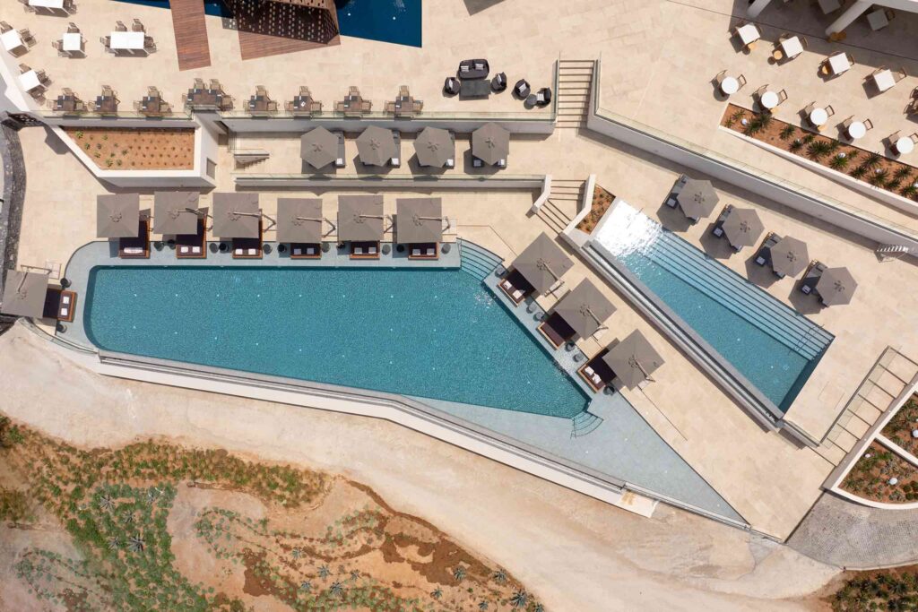 Aerial view of pool at Santo Mine, Oia, Santorini