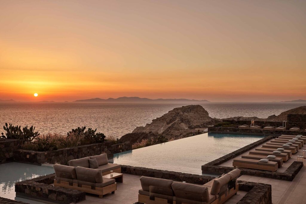 Pool during sunset at Canaves Epitome, Oia, Santorini, Greece
