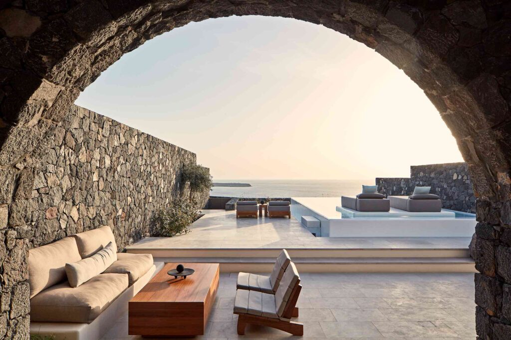 Sunset view from a suite at Canaves Epitome, Oia, Santorini, Greece