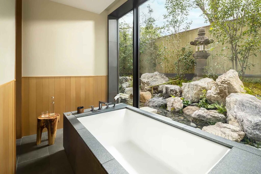 Bathroom overlooking Japanese garden
