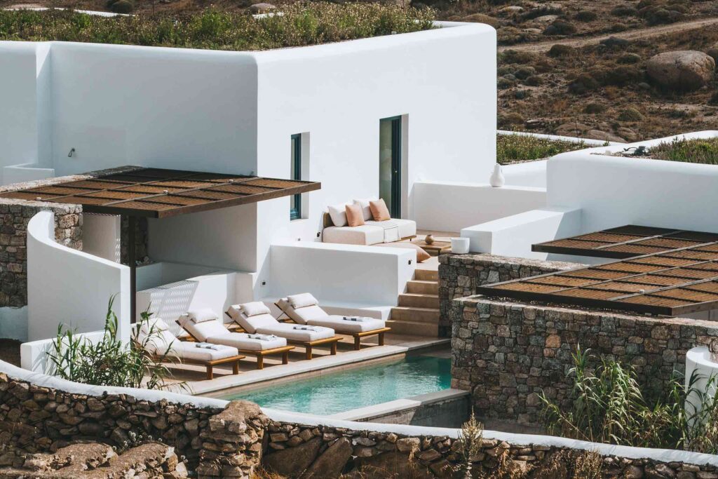 White cuboid, contemporary Cycladic villas at Cali Mykonos