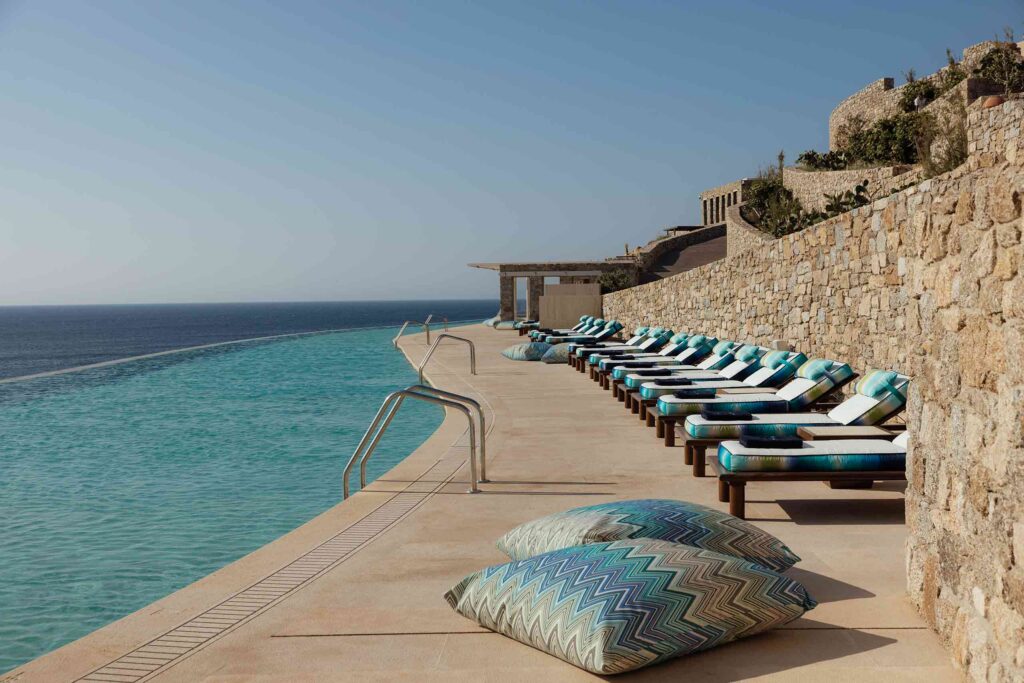 Cali Mykonos collaborates with Missoni for the brand's usual zig-zagged, blue patterned poolside decor