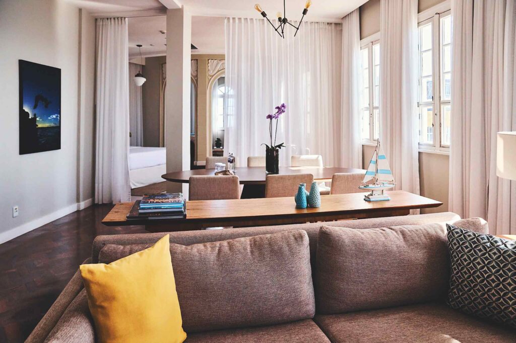 Living room space. ofa bedroom at the Fera Palace Hotel, Salvador, Brazil