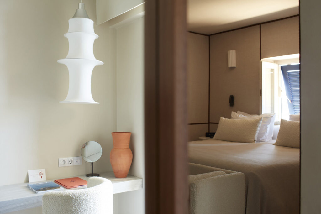 Clean, modernist interiors in room at Mykonos Theoxenia