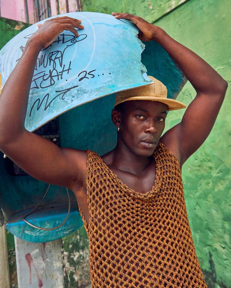 Fah Sampaio models a macramé top in Salvador, Brazil