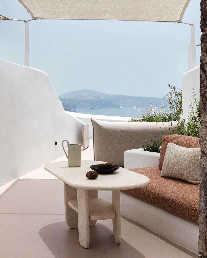 Outdoor seating area at Canaves Ena, Oia, Santorini, Greece