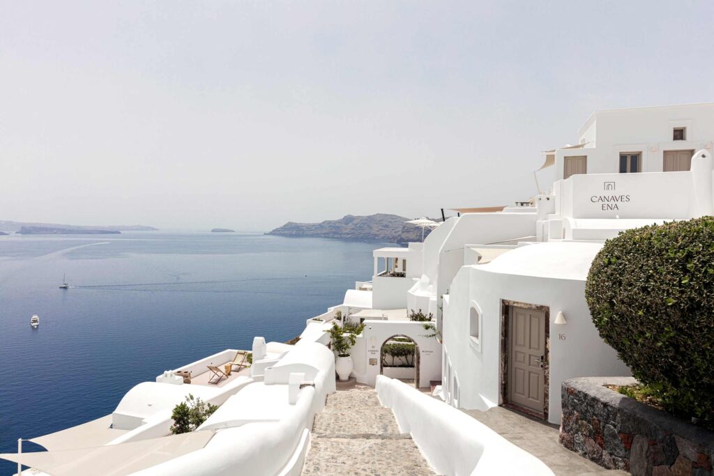 Stairs leading down to Canaves Ena, Oia, Santorini, Greece
