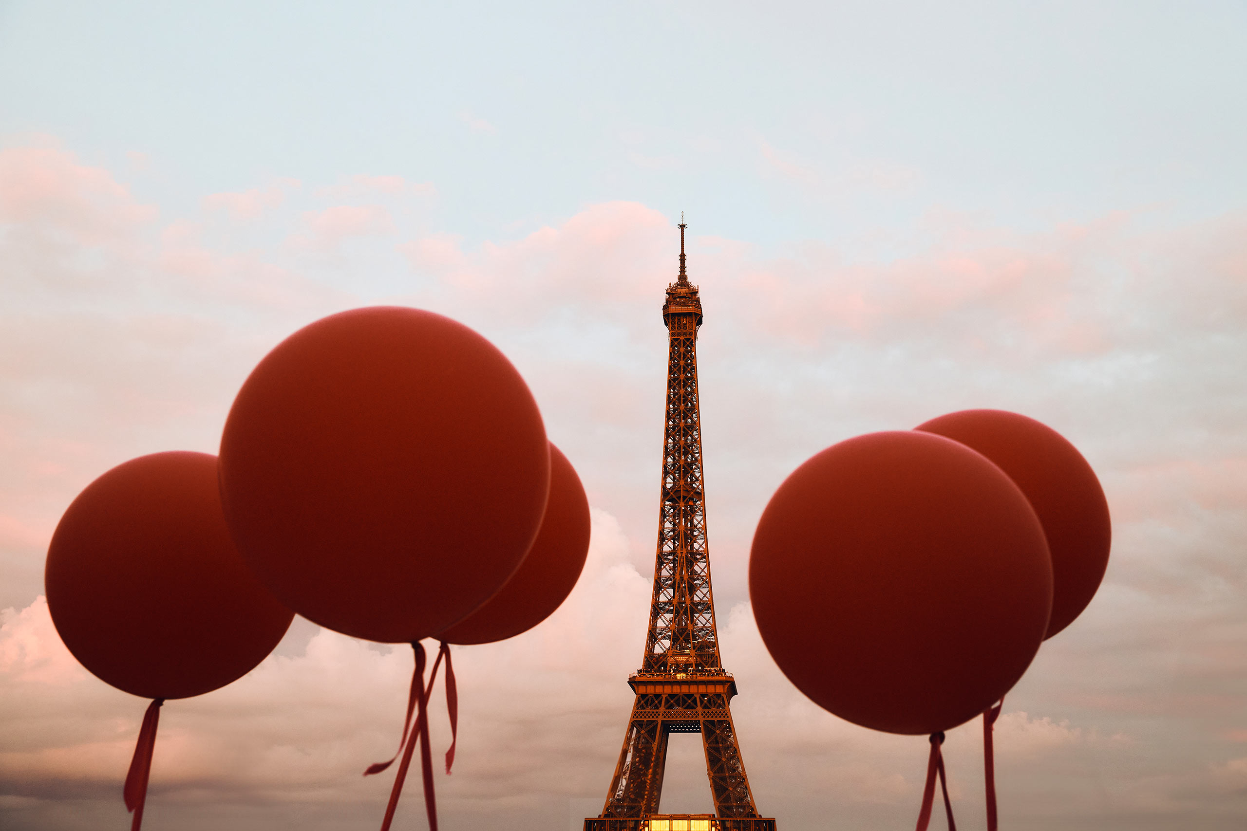 The Eiffel Tower surrounded by baloons, one of many postcards from Paris, France