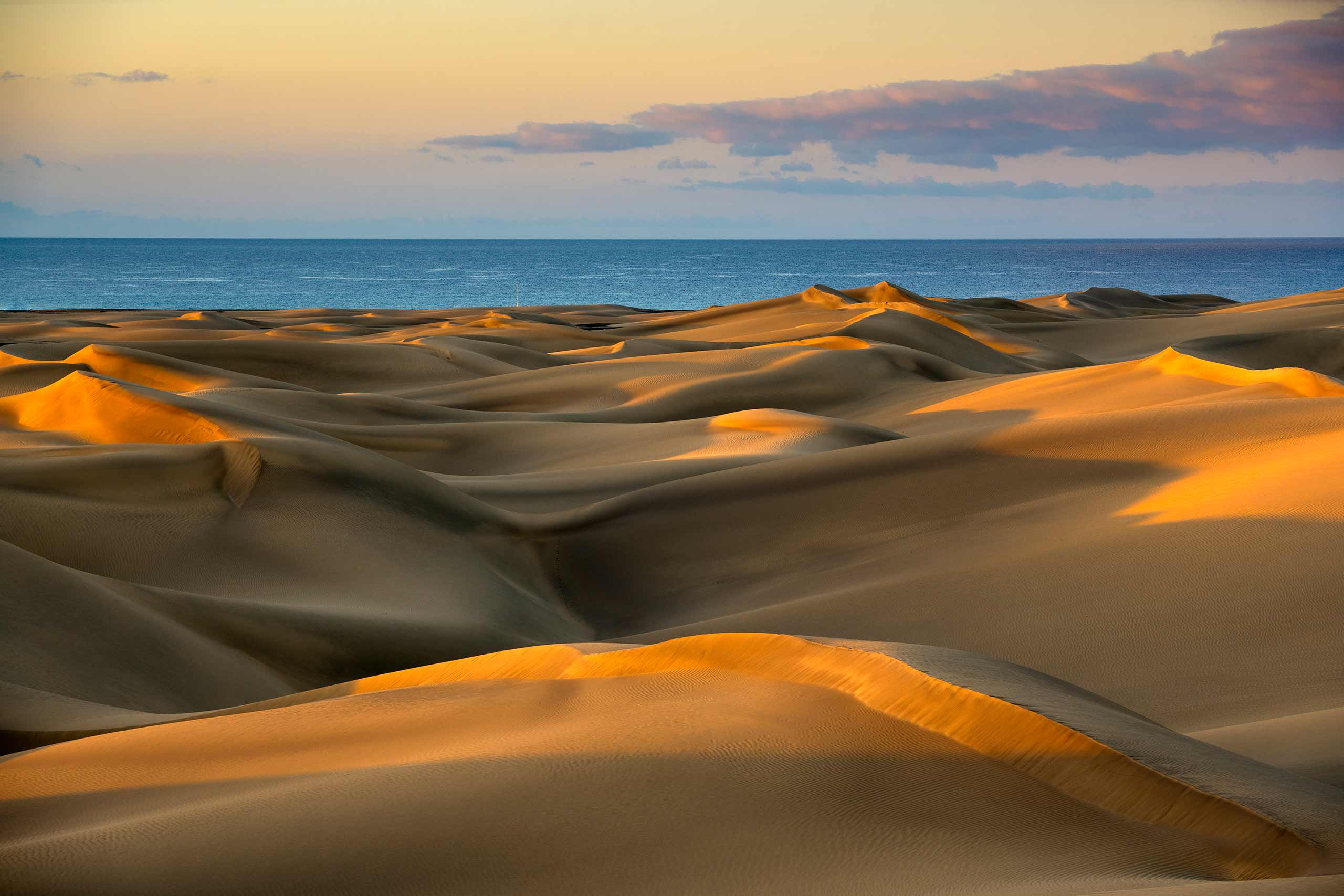 View of the undulating dunes at Maspalomas in golden hour, lookking out to sea, with a sunset sky
