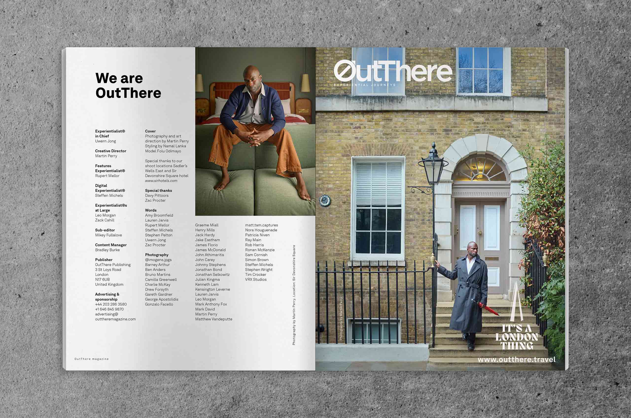 Spread of OutThere magazine featuring masthead and images of model Fodu Odimayo