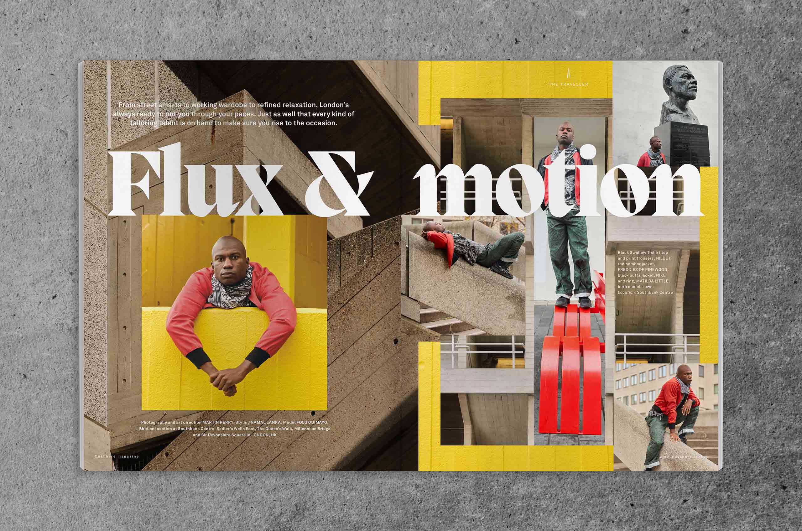 Spread of OutThere magazine featuring style shoot with model Fodu Odimayo