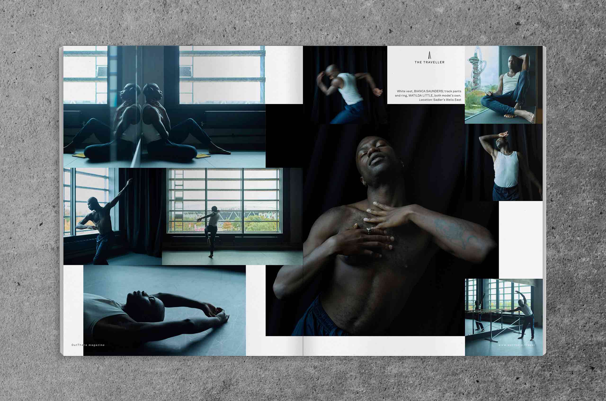 Spread of OutThere magazine featuring style shoot with model and dancer Fodu Odimayo