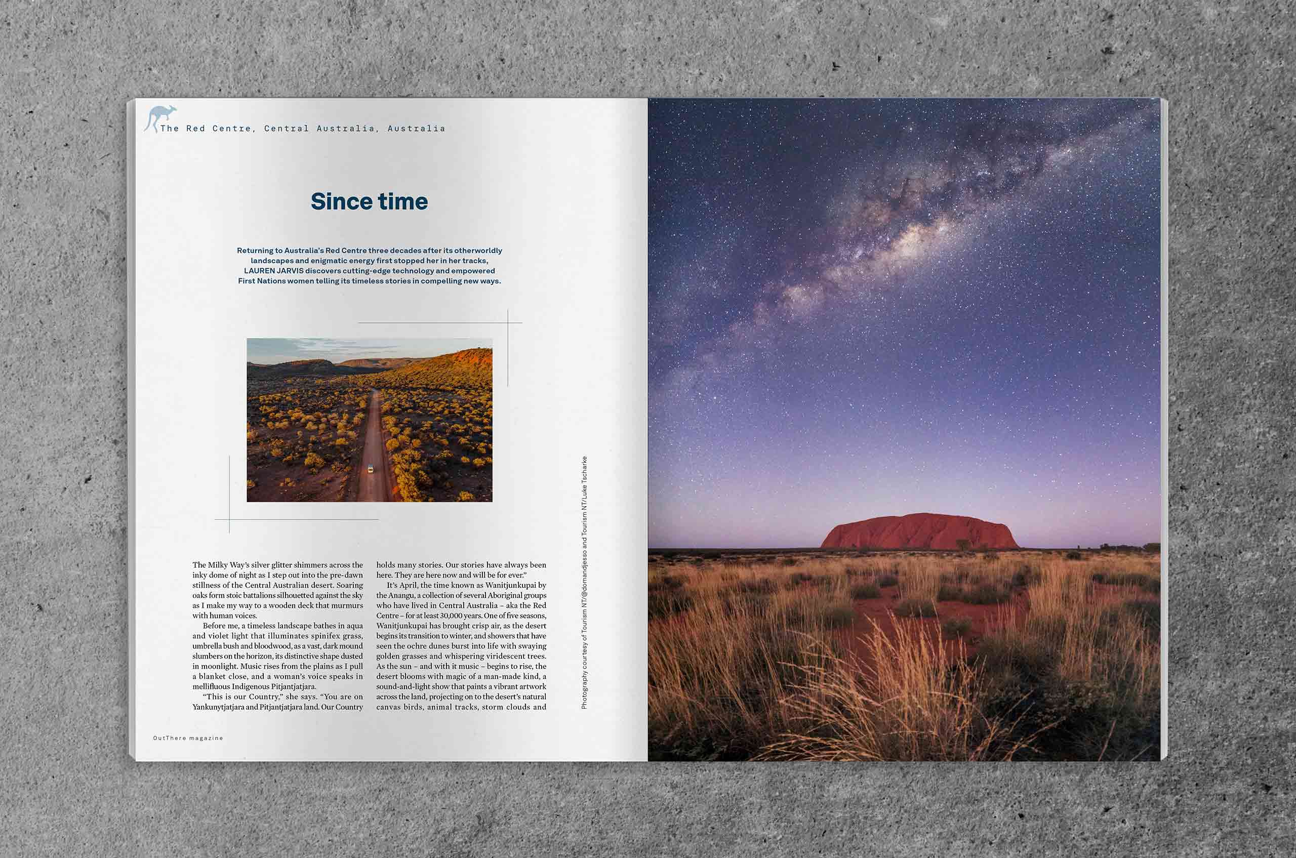 Spread of OutThere magazine featuring story of the Red Centre in Australia