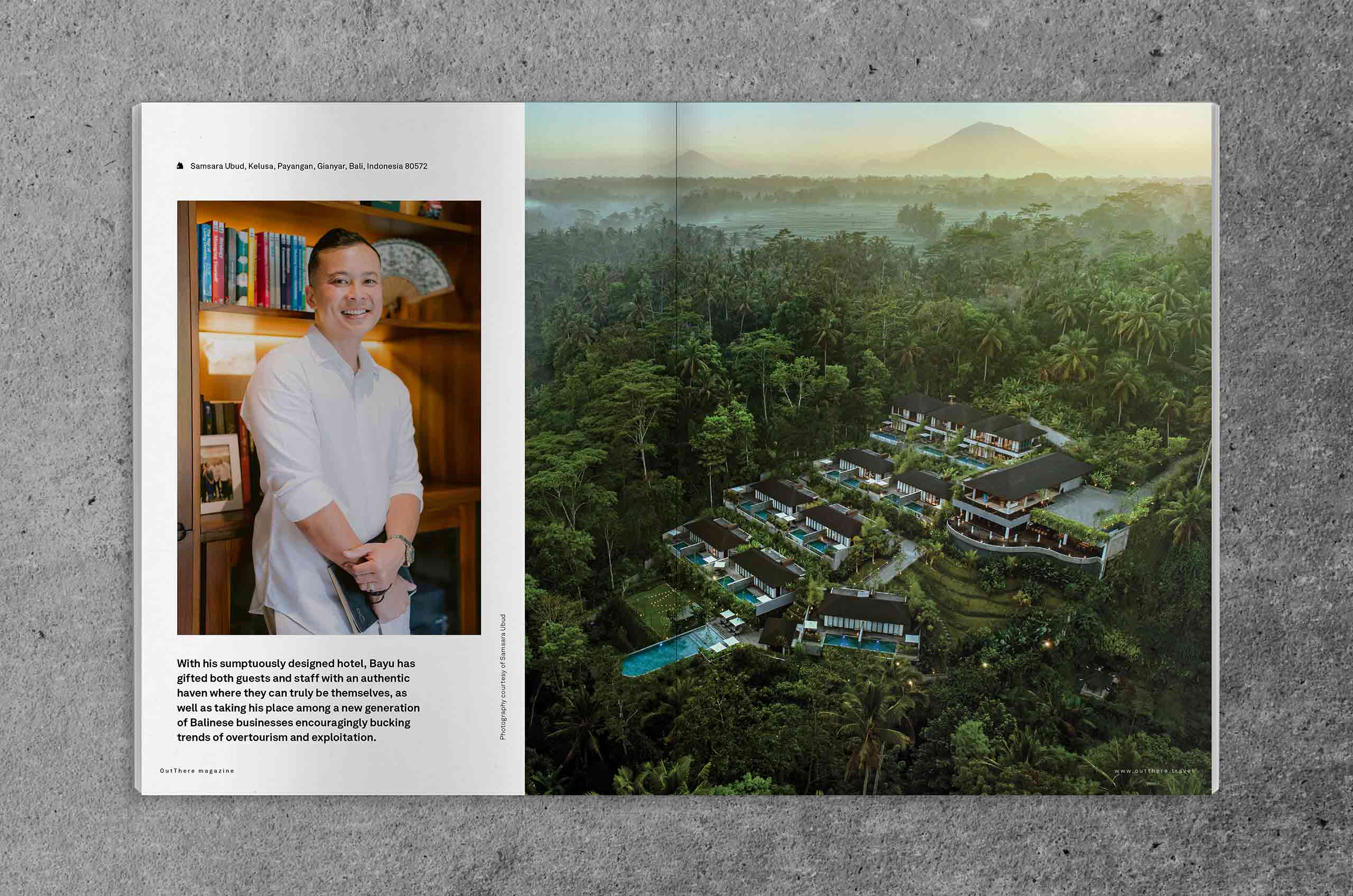 Spread of OutThere magazine featuring Innkeepers story of Bayu Hendro of Samsara Bali