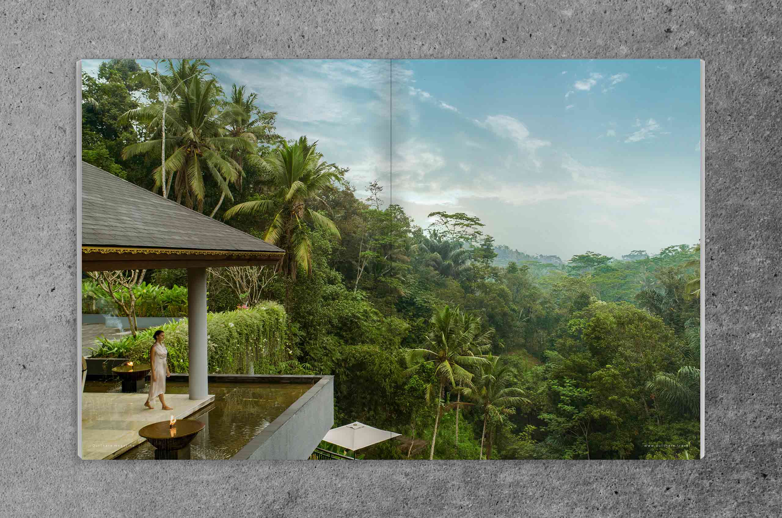 Spread of OutThere magazine featuring Innkeepers story of Samsara Bali