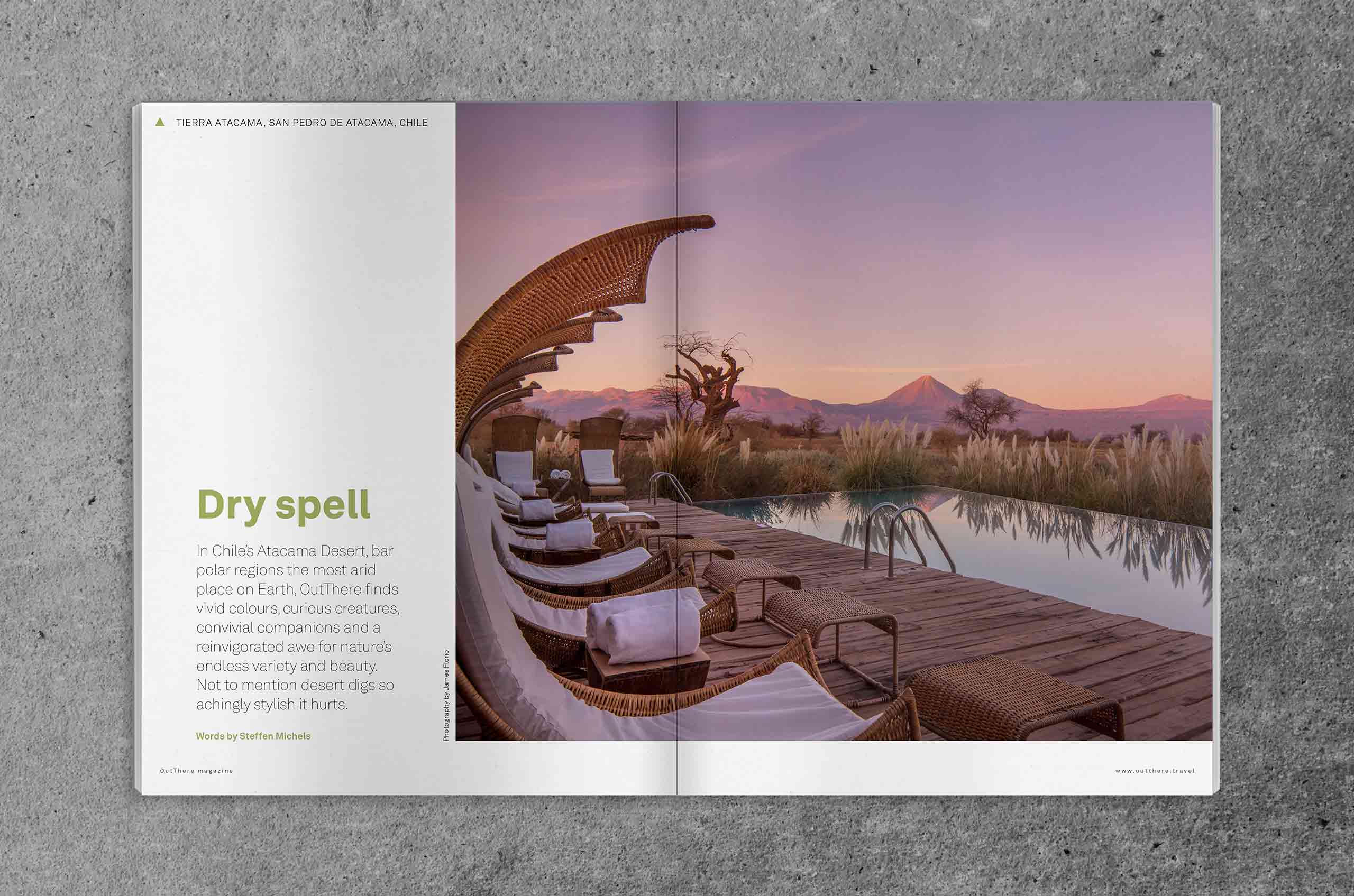 Spread of OutThere magazine featuring Basecamp story of Tierra Atacama