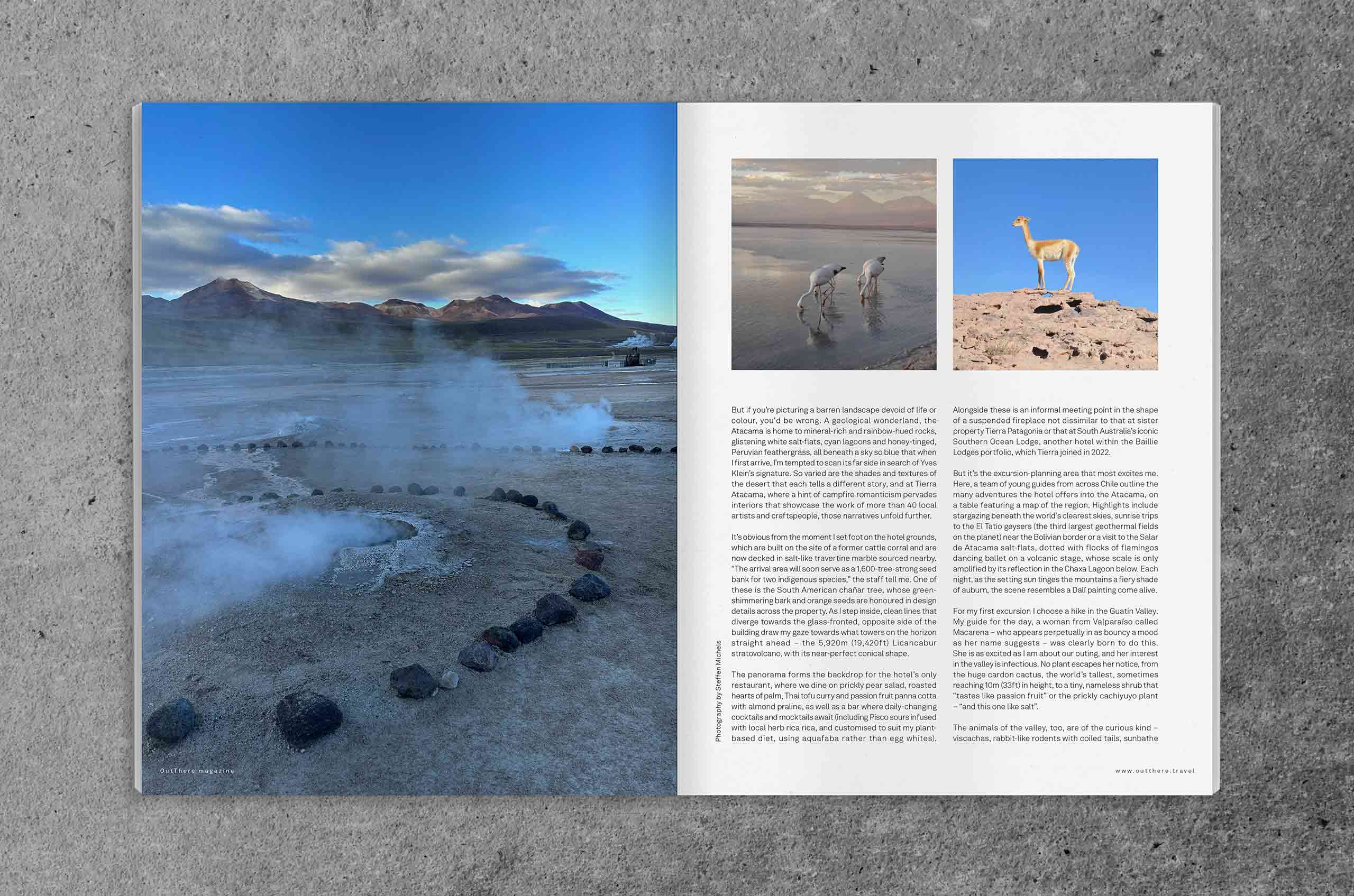 Spread of OutThere magazine featuring Basecamp story of Tierra Atacama