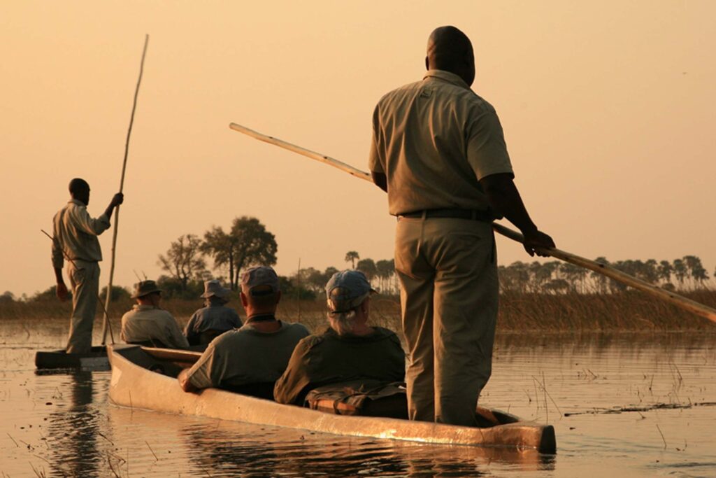 Travellers to Botswana's Okavango Delta enjoy a mokoro (local wooden canoe) safari at sunset. Here there are two boats, each with one rower on the back and two passengers sat inside the boat.