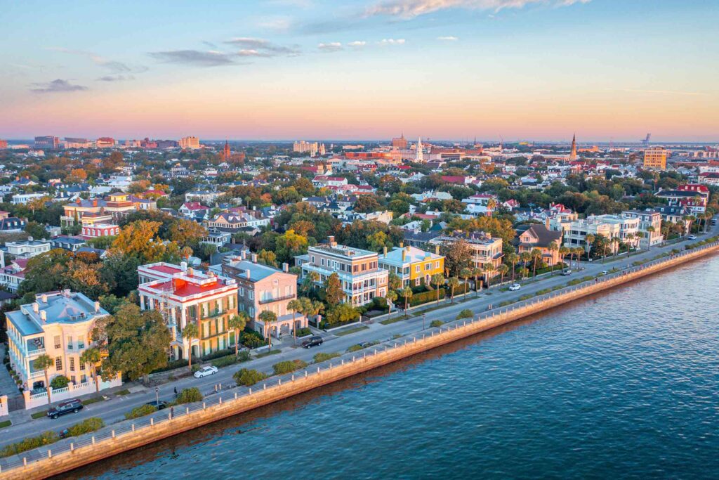Aerial view of coastal houses in Charleston, South Carolina, USA