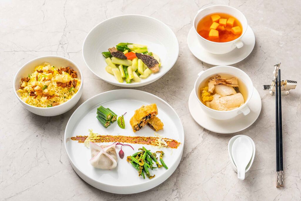 A Healthy Naturally Peninsula 5 course Chinese meal by The Peninsula Hotels, served in clean white china
