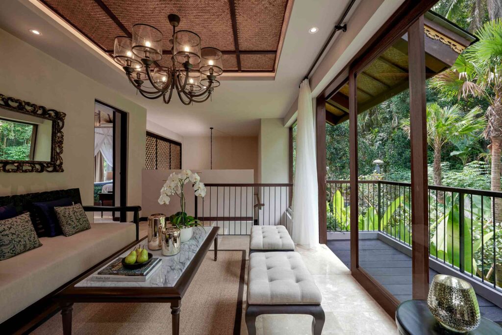 Living room with a view of the rainforest at Samsara Ubud, Bali, Indonesia
