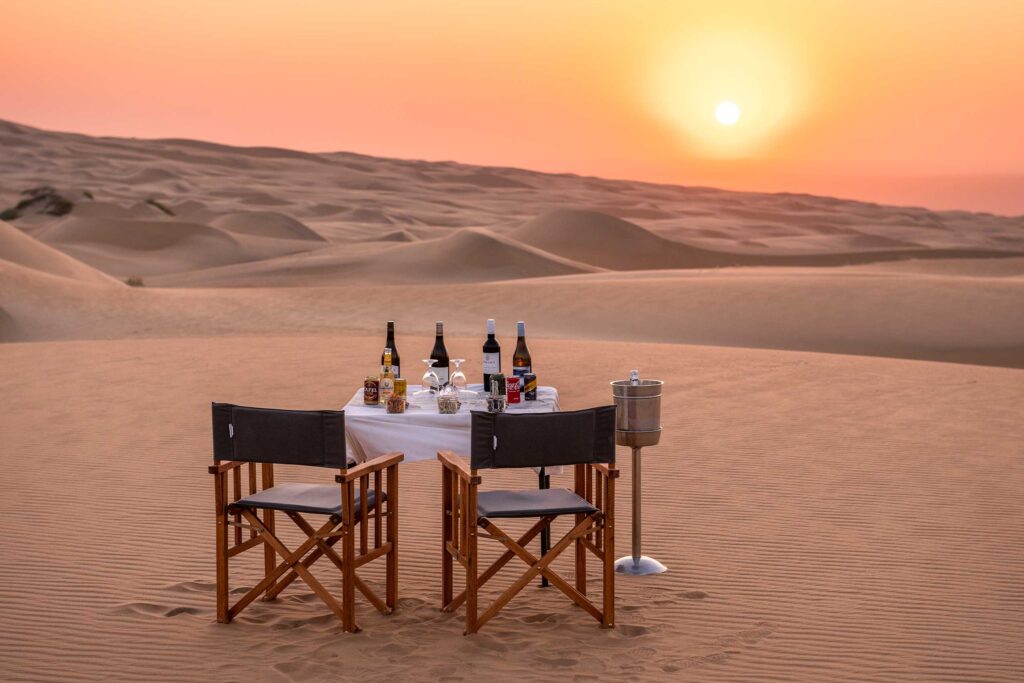 A dining table set up in the Namibian desert