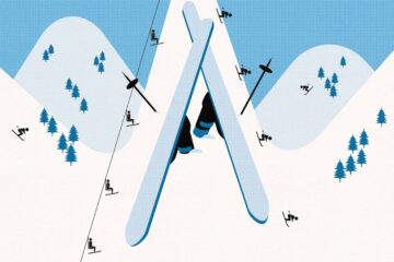 Illustration of skiers on a piste for a column on Alternative winter escapes
