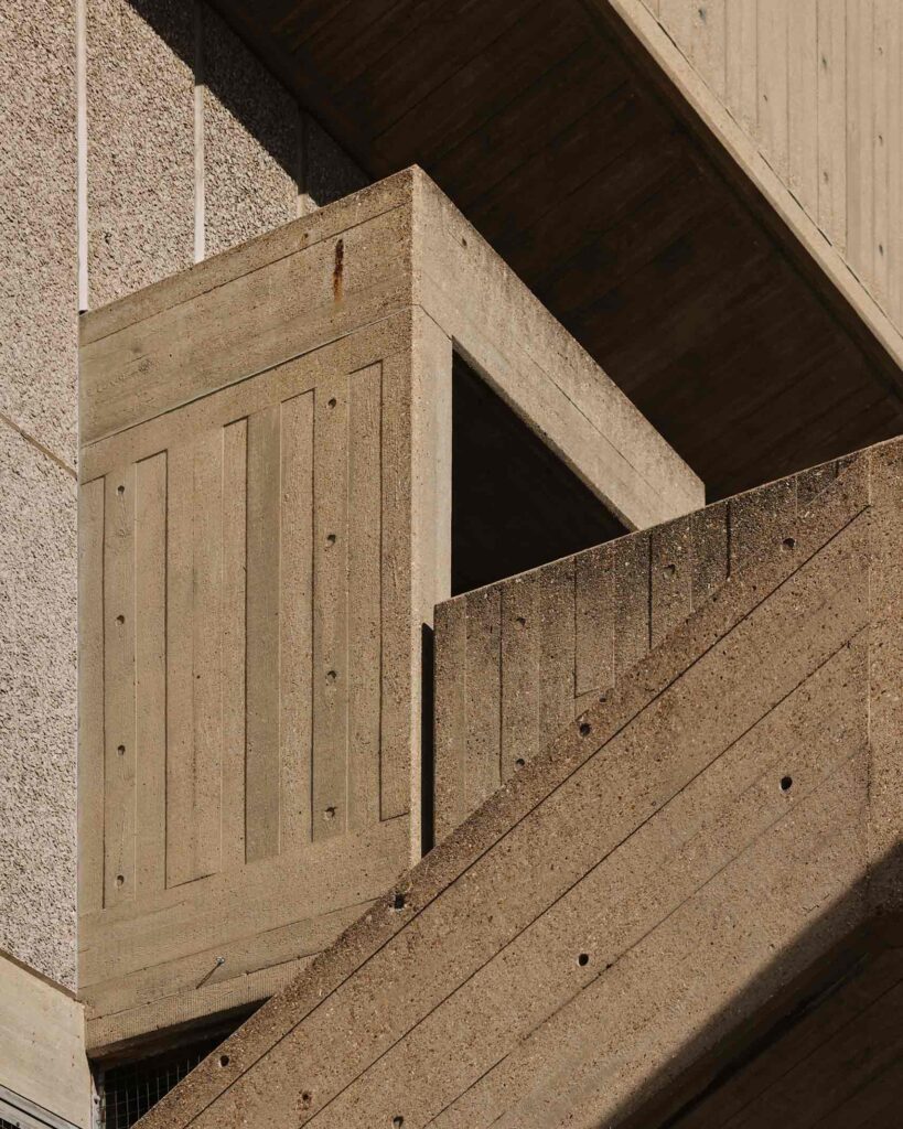 Angular, brutalist architecture photographed in London, UK